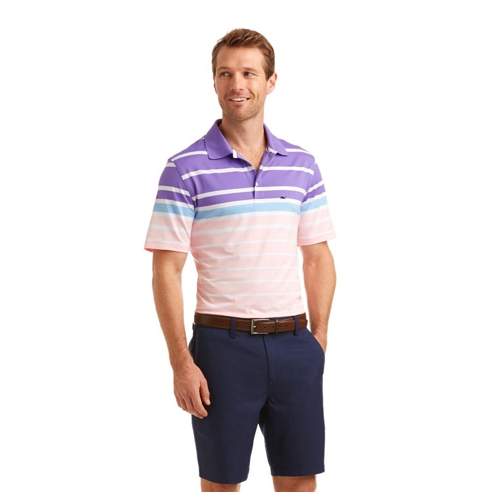 Vineyard Vines O'Keefe Stripe Golf Performance Polo Shirt Purple Pink